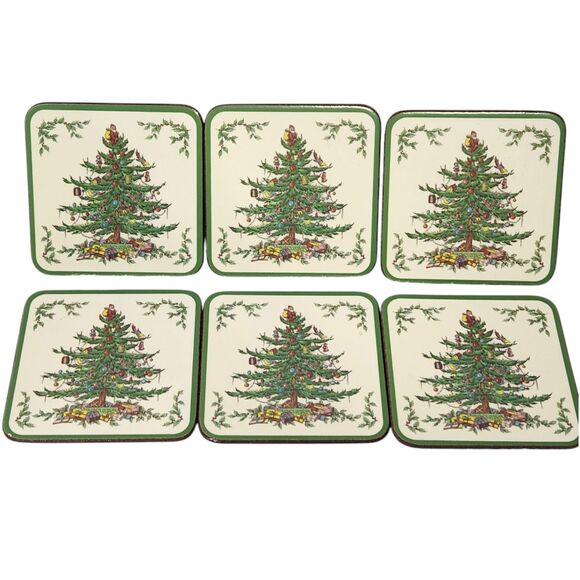 6 Pimpernel Spode Christmas Tree Coasters Cork Back Square w/Box De Luxe Finish - Picture 2 of 7